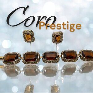 Vintage CORO PRESTIGE Chunky Topaz Bracelet and Earring Set Antiqued Gold Tone